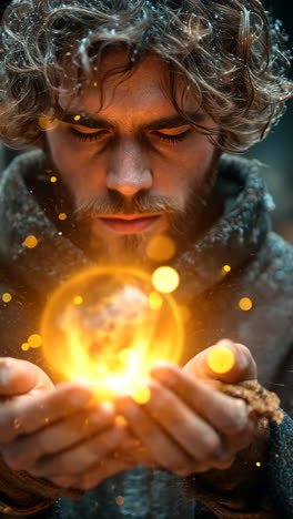 mystic figure holds glowing orb in a magical forest setting