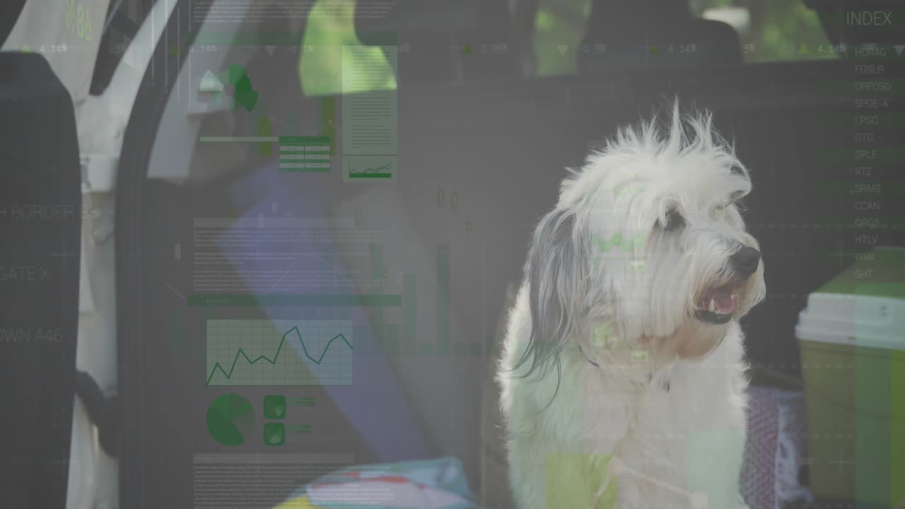 hatch lifting, gray dog stepping onto trunk ledge, panting and HUD overlay flickering for scanning