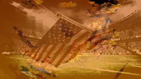 Animation-of-leaves-over-flag-of-usa-and-stadium