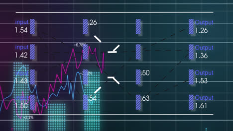 Animation-of-statistical-data-processing-over-grid-network-against-purple-background