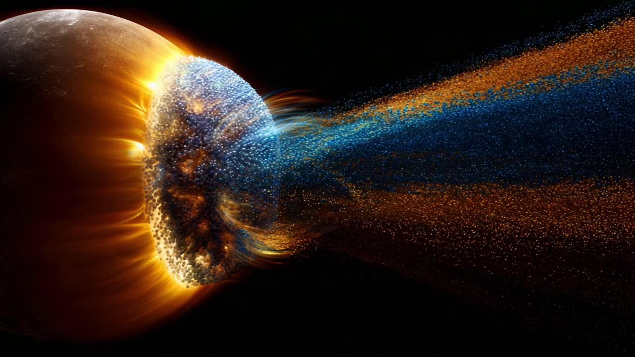 A stunning cosmic explosion depicting the catastrophic collision of celestial bodies, with vibrant energy and debris dispersing in a spectacular display of colors and textures