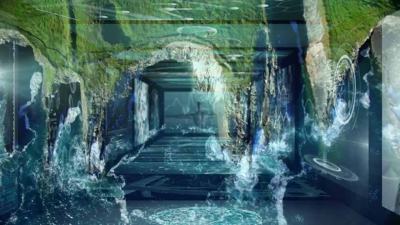 Digital animation of futuristic corridor with water effects and abstract patterns