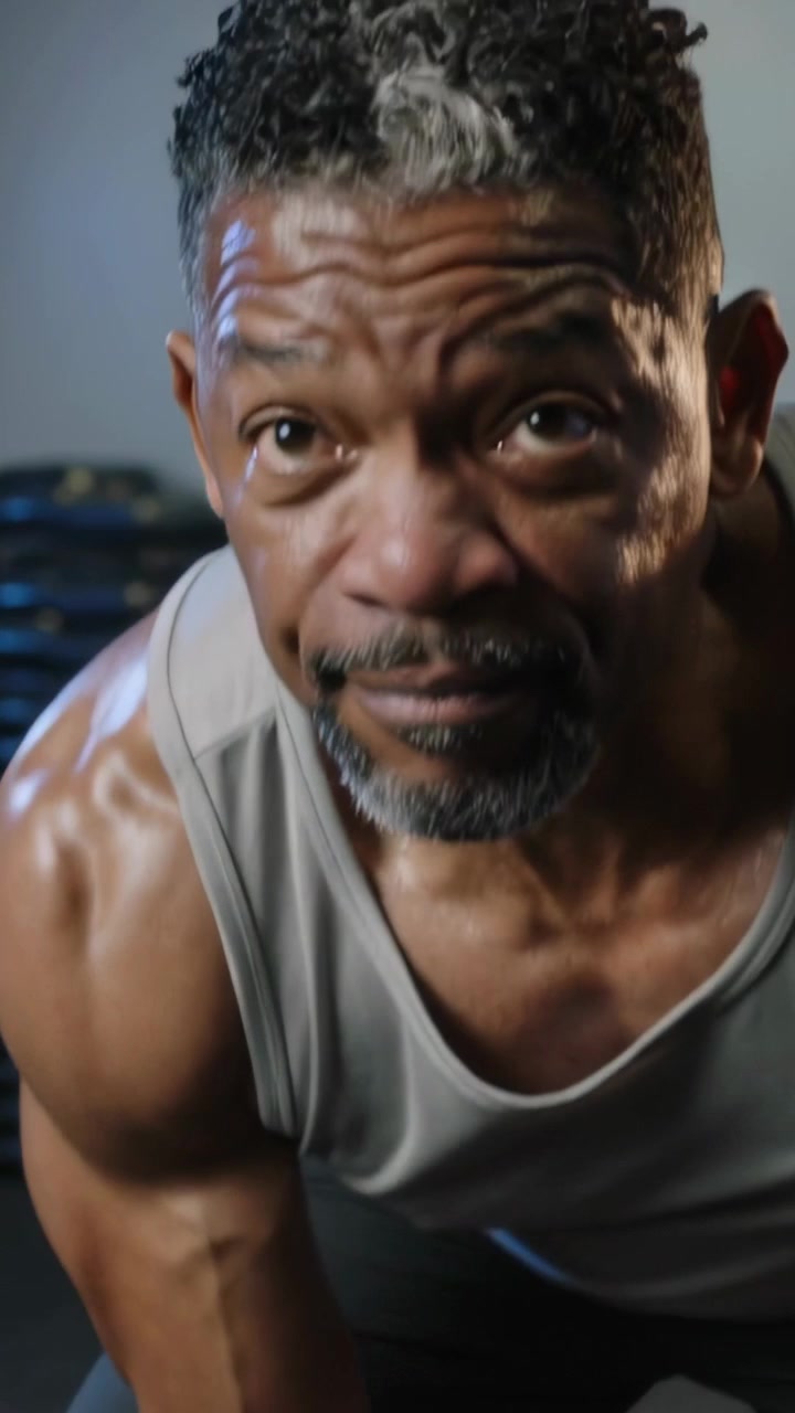 Vertical video: Gripping kettlebell, senior in grey tank doing reps in gym by steps for strength