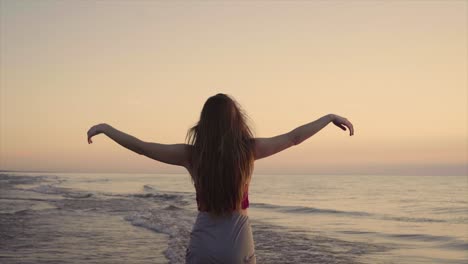 a beautiful girl infront of the sunset posing for a music video.