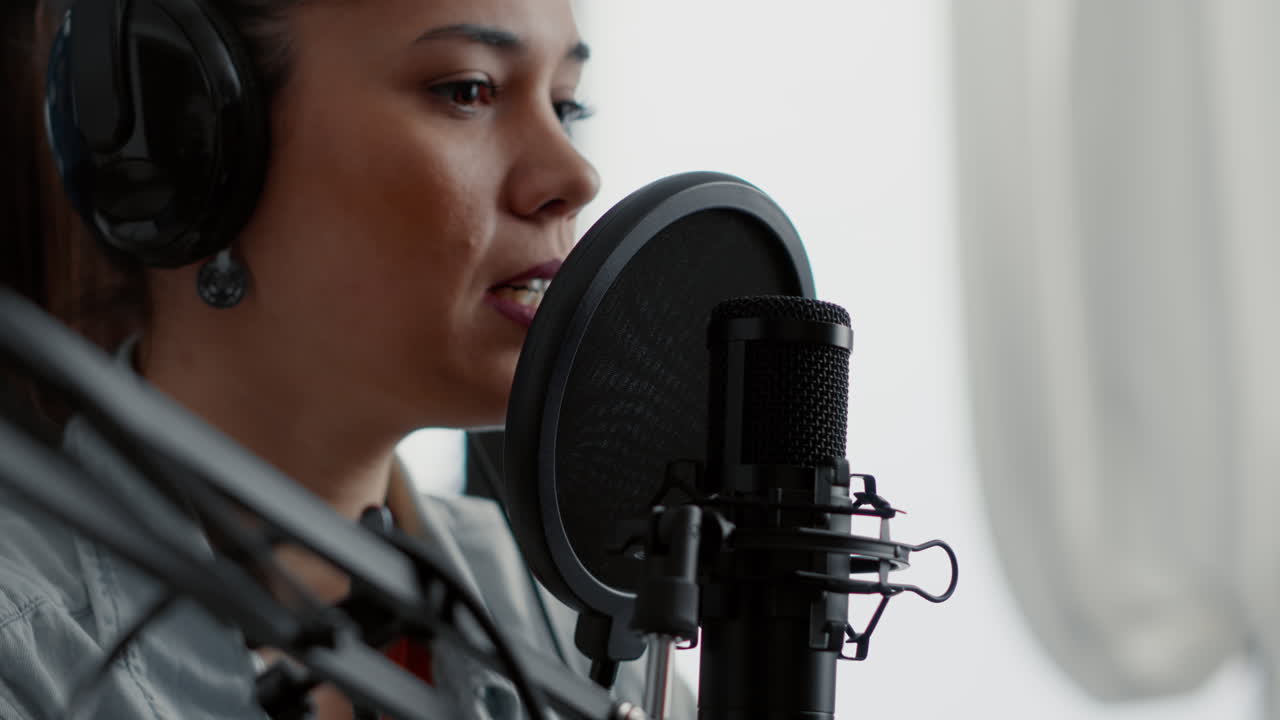 Young woman talking to audience while using professional microphone