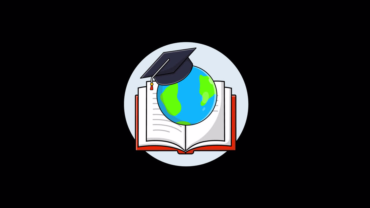 Concepto de educación global con un globo terráqueo giratorio, un libro abierto y un birrete de graduación