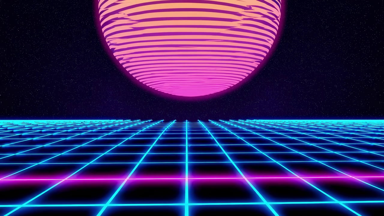 Retro Synthwave Style Grid Landscape with Glowing Pink Planet