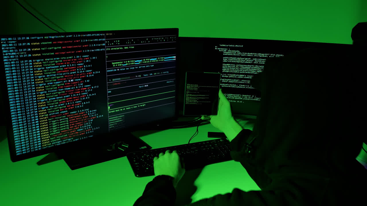 Slow zoom reveals hacker's hands using foldable smartphone with terminal screen