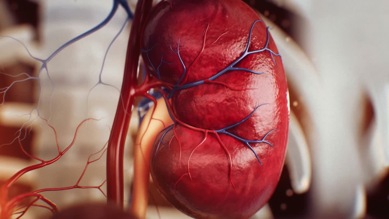 Animazione 3D del rene umano e dei vasi sanguigni