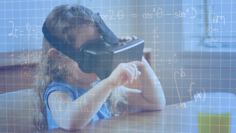 animación de dibujos matemáticos y ecuaciones sobre el niño que usa auriculares vr