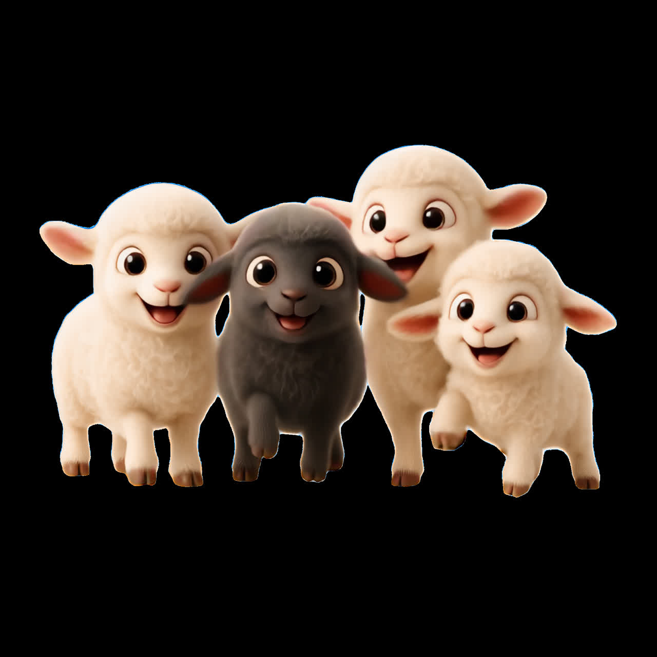Adorable cartoon lambs group animation isolated asset, transparent 4K video, alpha channel, ProRes