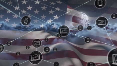 Animation-of-network-of-connections-of-icons-with-laptops-and-smartphones-over-usa-flag-and-clouds