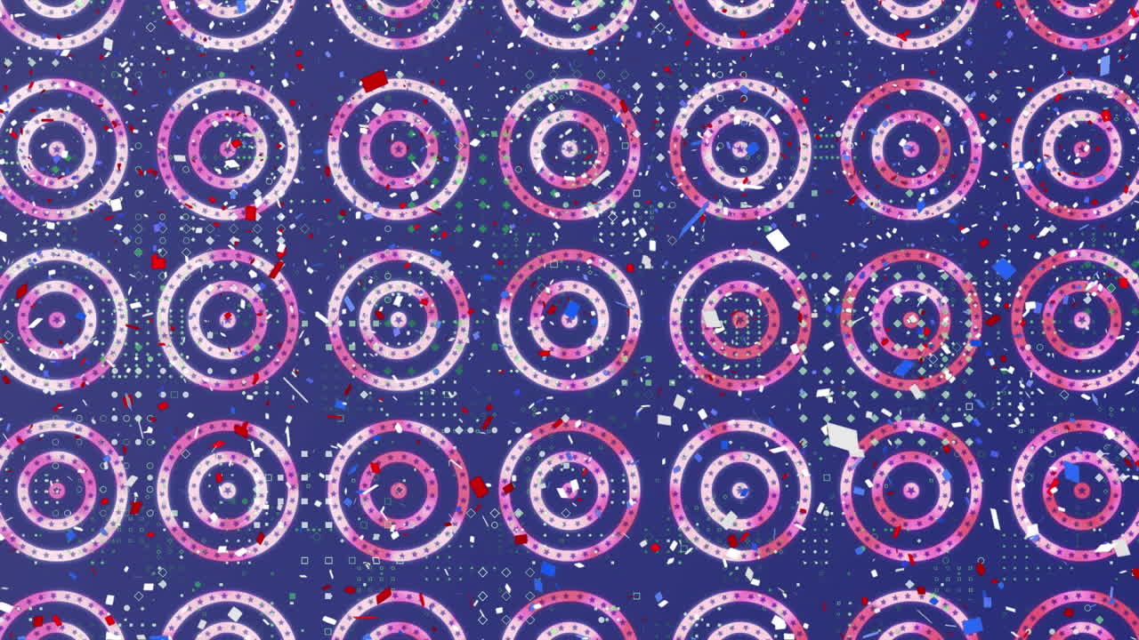 Dot pattern design and confetti falling over multiple stars on spinning circles on blue background