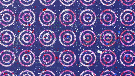 dot pattern design and confetti falling over multiple stars on spinning circles on blue background