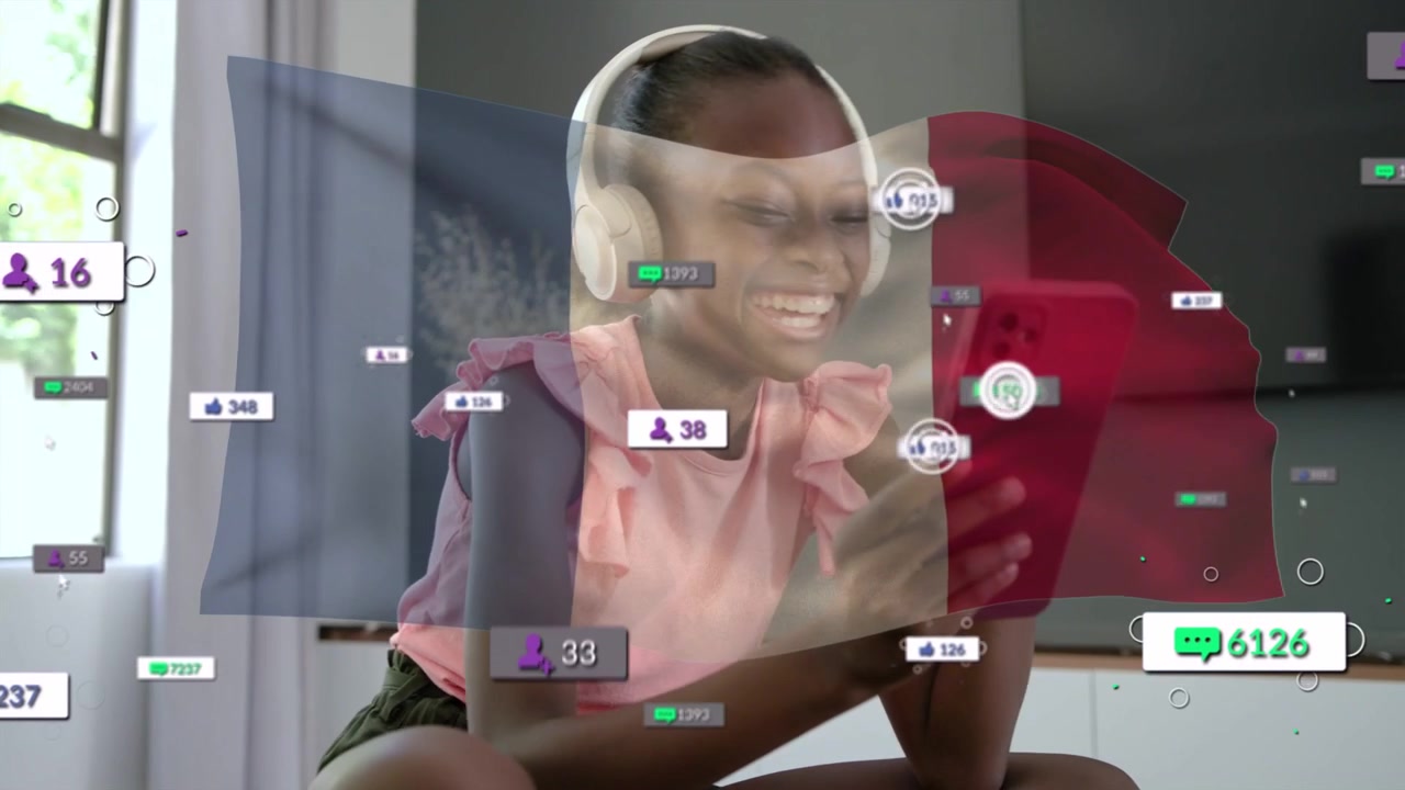 Teen female sitting at home, receiving social media alerts, tapping red tablet, engaging audience
