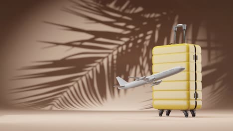 airplane flight take off 3d rendering animation of luggage suitcase with palm tree leaf in background shade