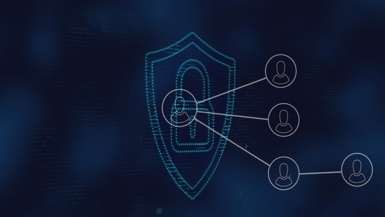Animation of network of profile icons over security padlock icon against blue background