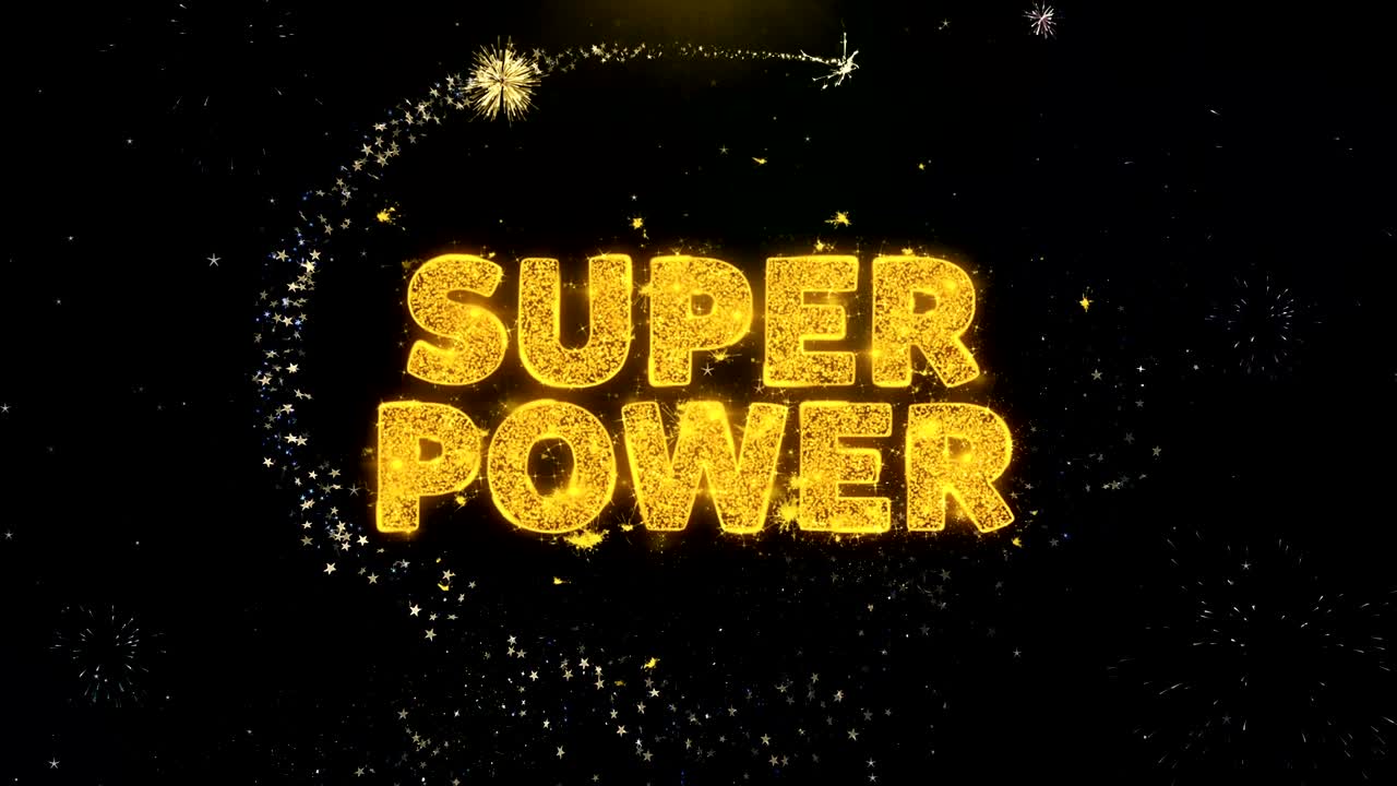texto de super poder en la exhibición de fuegos artificiales de partículas de oro.
