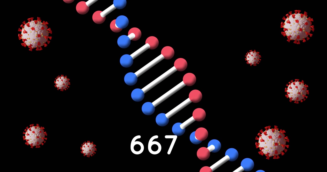 Animazione di filamento di DNA che ruota e cellule Covid-19 che cadono su sfondo scuro