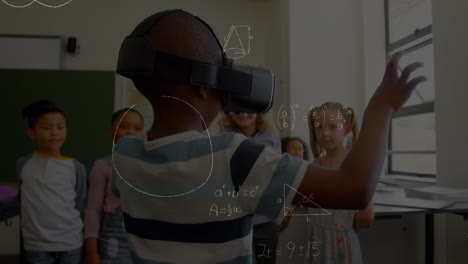 animation of mathematical formulas over schoolboy using vr headset
