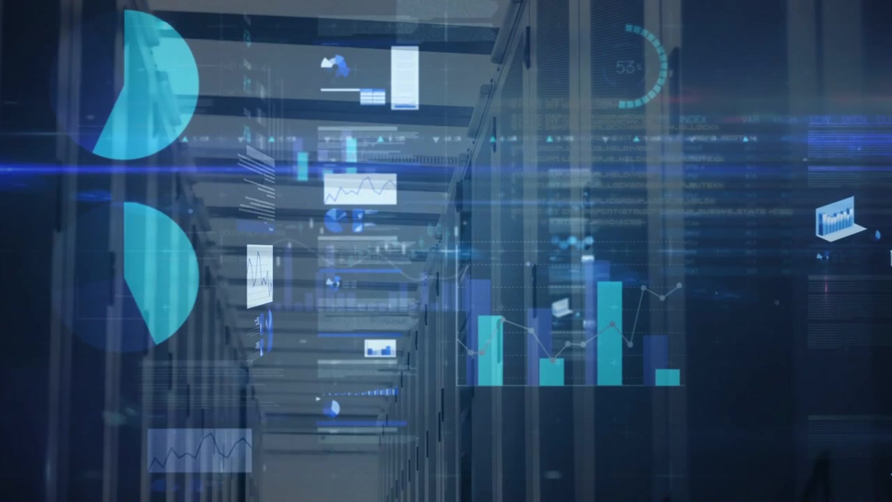 Camera moving down server aisle, holographic charts appearing from left and visualizing analytics