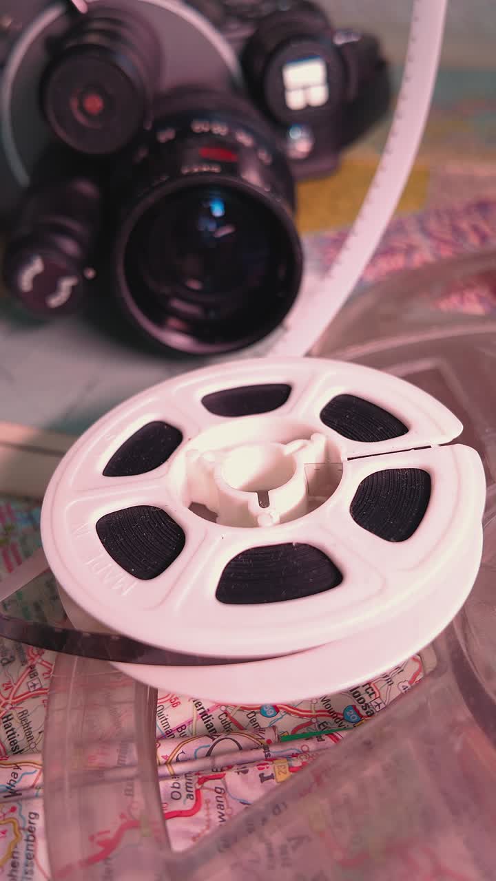 Vintage home movie cine camera with 8mm analog film reel. CLOSE-UP