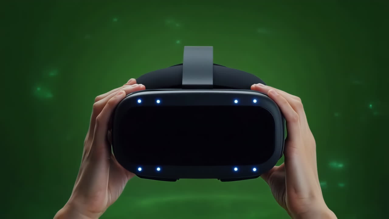 Mani che Tengono un Visore VR su Sfondo Verde