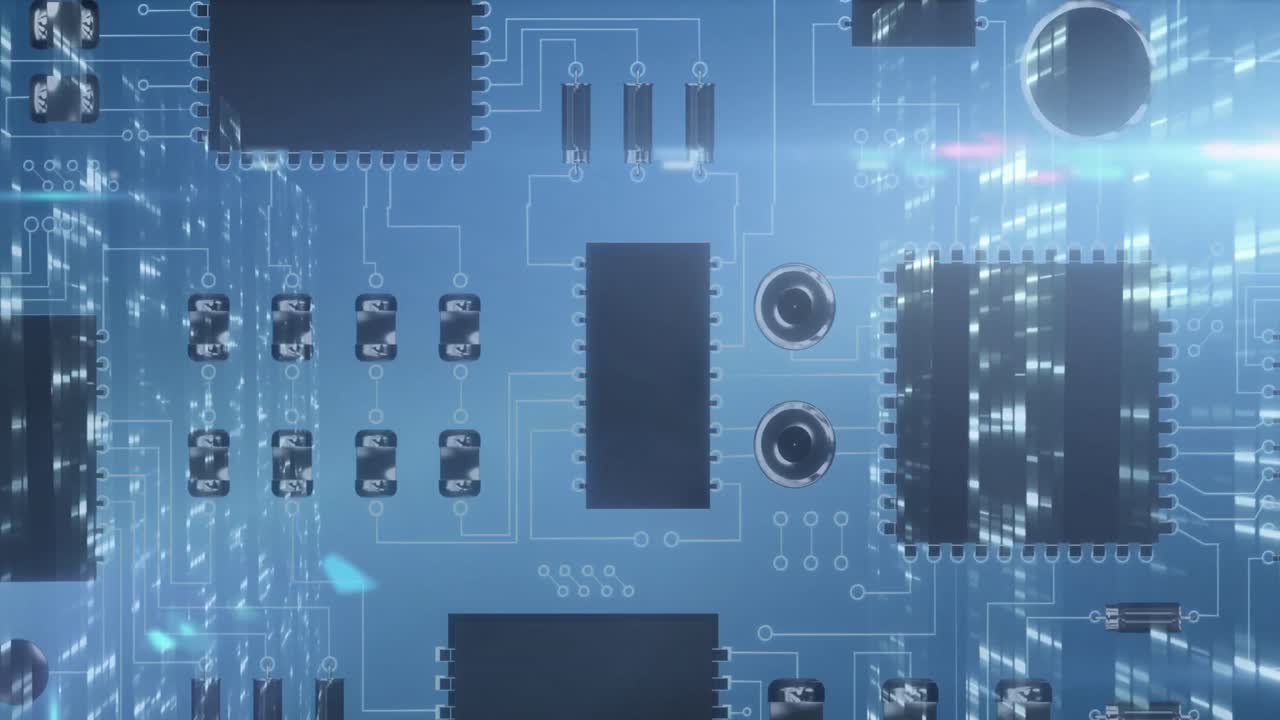 Animation of data processing on glowing computer circuit board