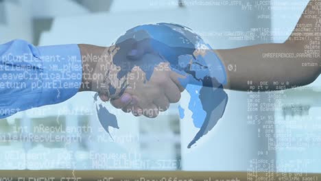 two person shaking hands and a globe with program codes