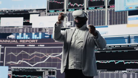 young startup administrator reviews big data with virtual reality headset