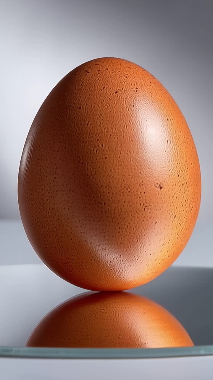A beautifully polished orange egg resting on a reflective surface, showcasing its smooth texture and elegant shape in a minimalist setting with soft lighting