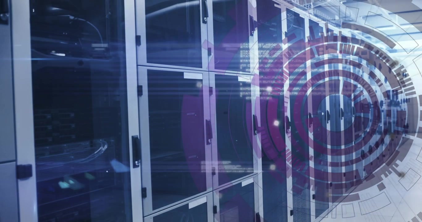Animation of loading circles and computer language over data server room