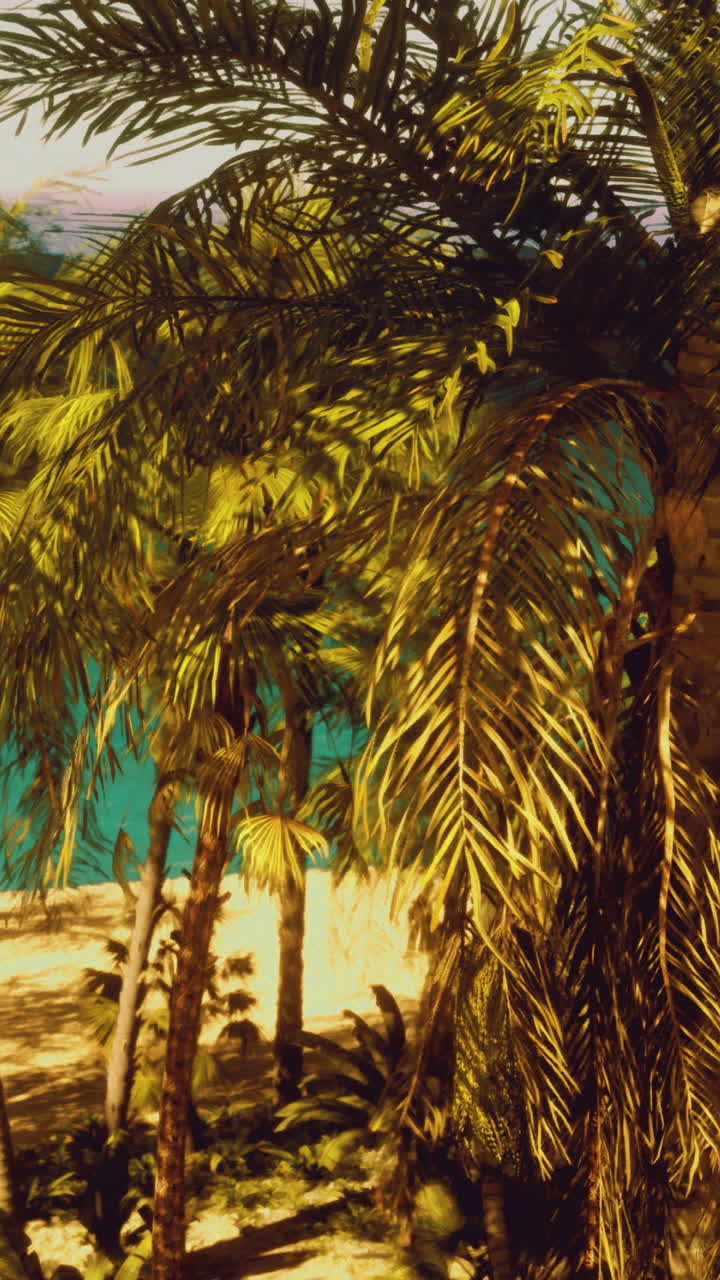 Scène de plage ensoleillée avec des palmiers et une eau claire dans un lieu tropical.