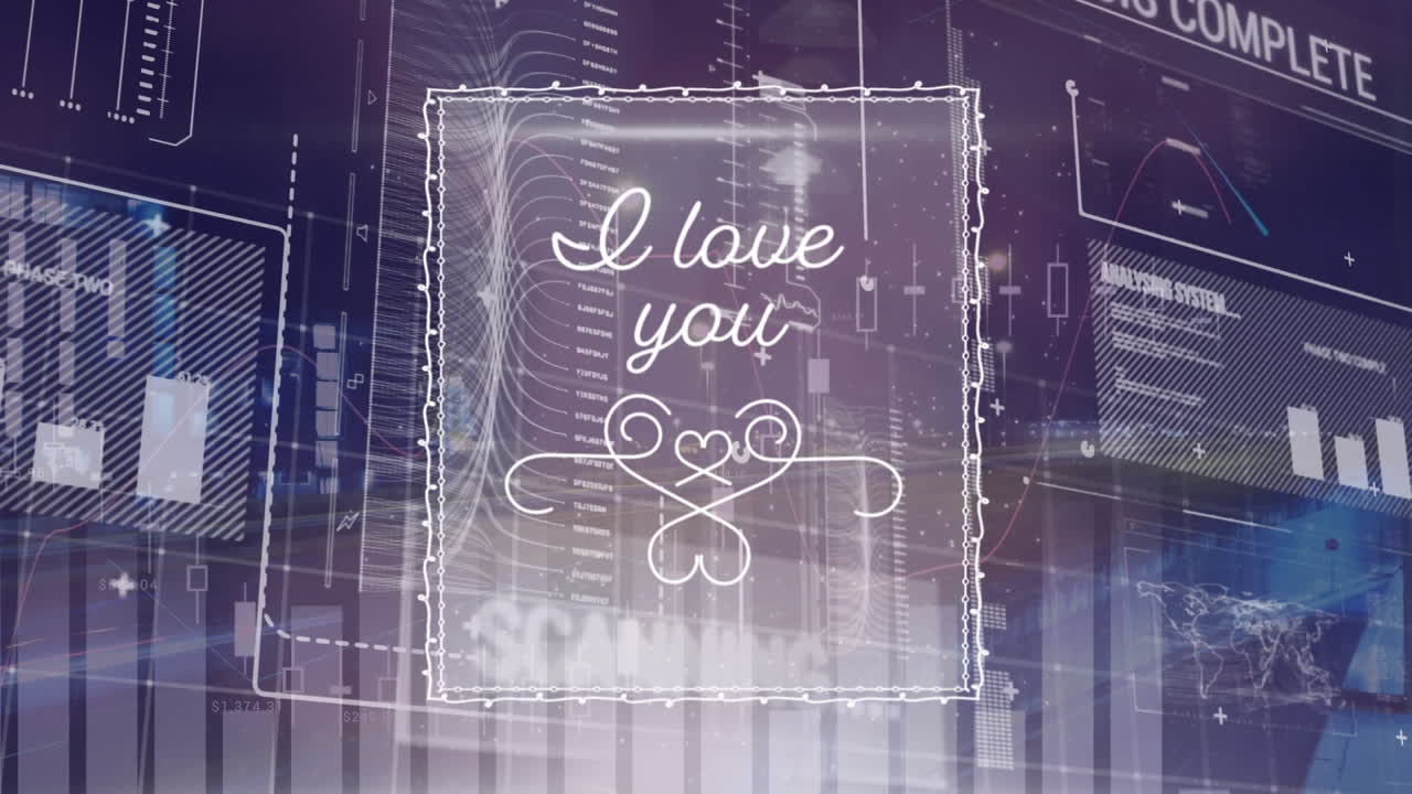 데이터 프로세싱의 애니메이션과 i love you 문자 오버 시티스케이프