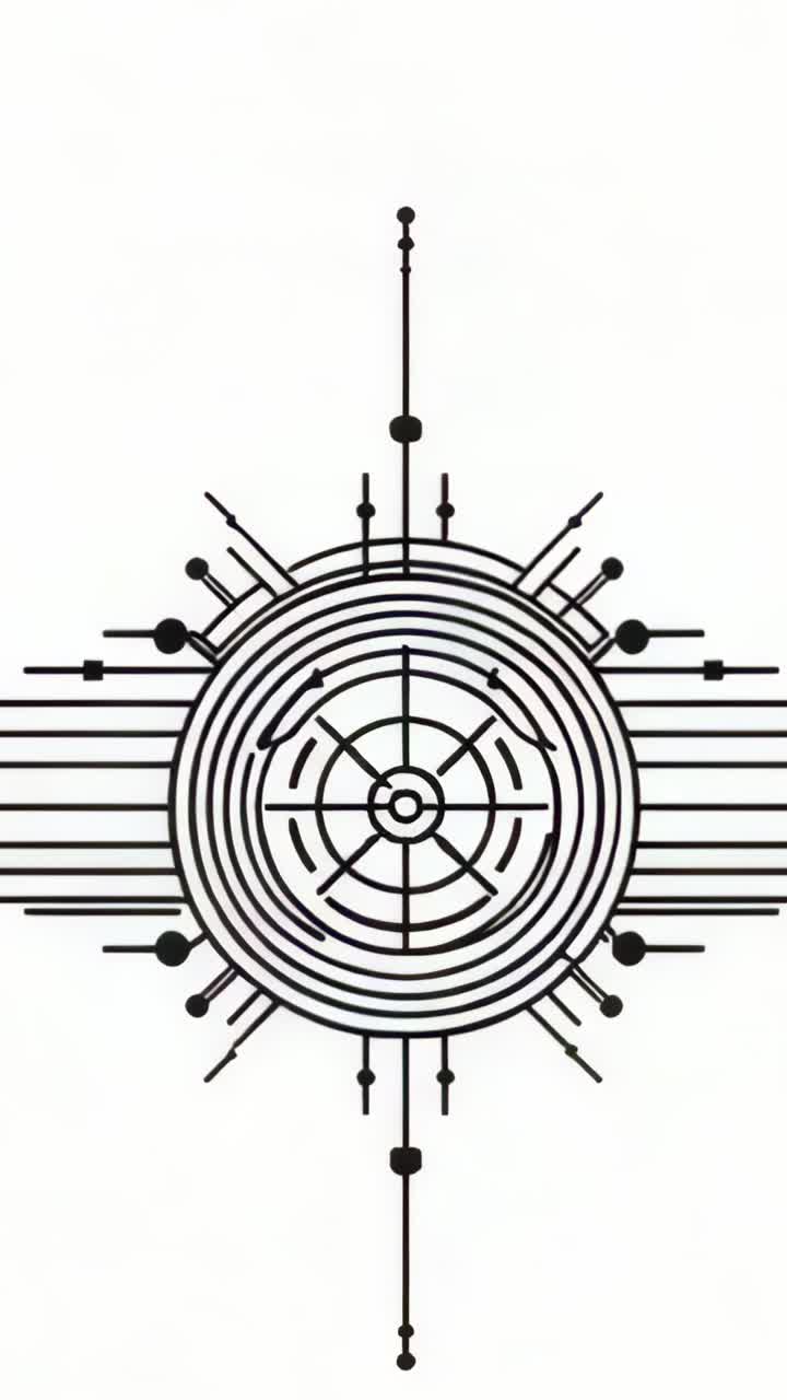 Vertical video: Revealing central black motif rotating pulsing nodes shifting lines on white canvas