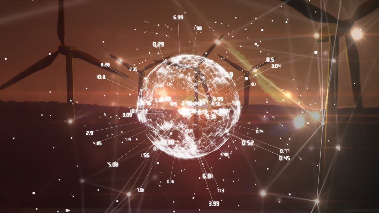 цифровая анимация глобуса сети соединений на фоне вращающихся ветряных мельниц