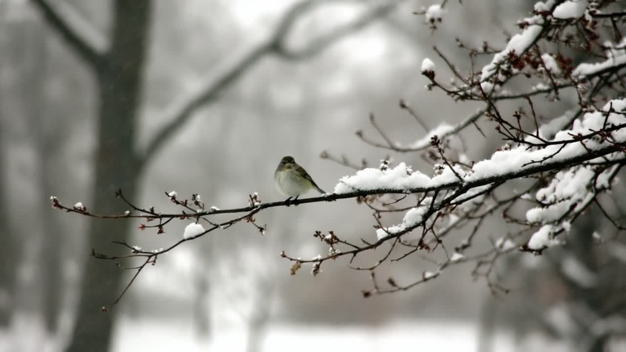 A Serene Snowy Landscape Featuring a Small Bird Perched on a Snow-Covered Branch Amidst a Winter Wonderland