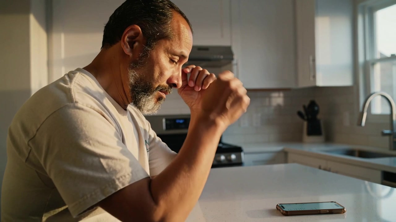 Reagindo a um alerta de telefone, um homem verifica o telefone no balcão da cozinha, colocando-o virado para cima e esfregando os olhos.