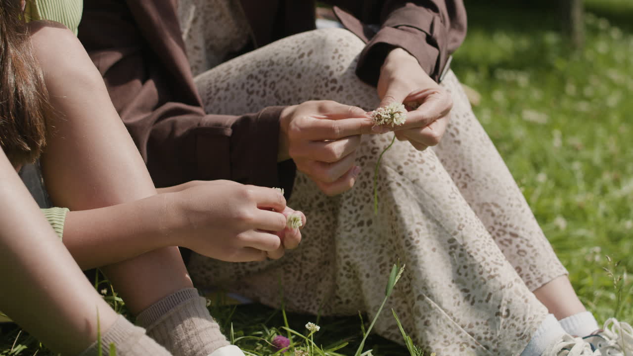 People sitting on grass and holding clovers