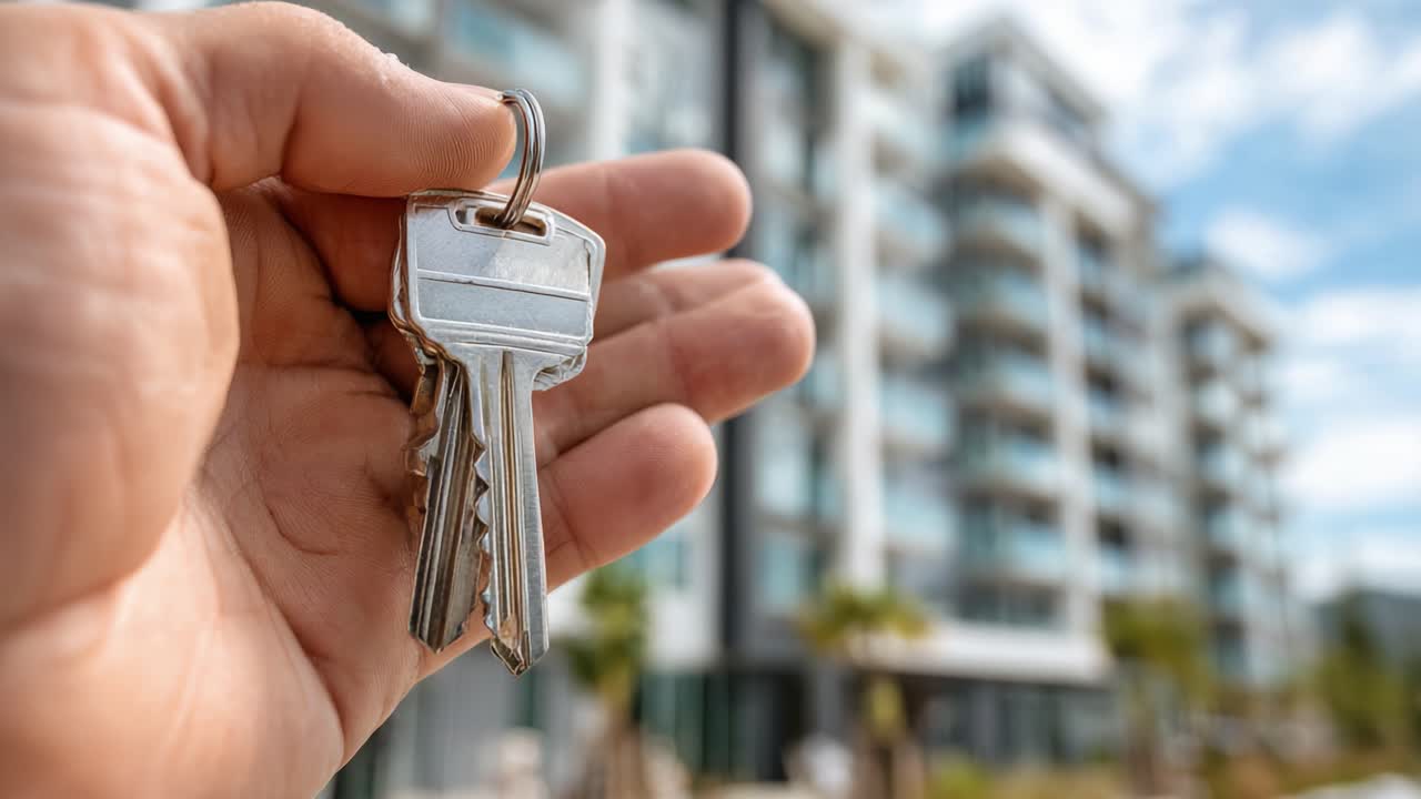 Una mano sosteniendo llaves de casa contra un edificio residencial, simbolizando nuevos comienzos y oportunidades de ser propietario de vivienda en entornos de vida modernos.