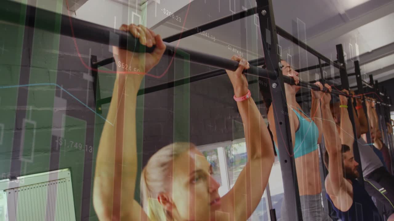 Front woman performing pull-ups on start, camera moving closer, overlays tracking reps for fitness