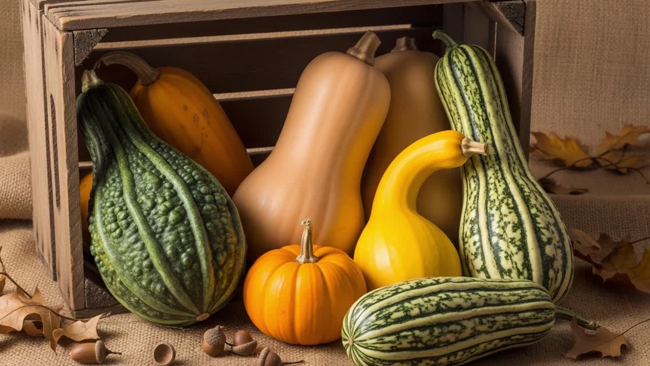 A Vibrant Display of Seasonal Gourds: Butternut Squash, Acorn Squash, and Pumpkins Arranged Artistically in a Rustic Wooden Crate Over Natural Textured Fabric