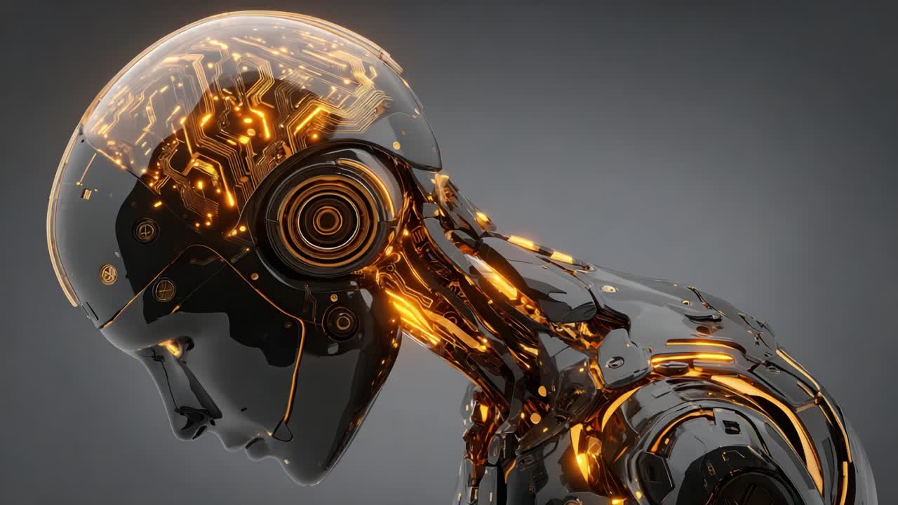 A Detailed Examination of a Futuristic Robotic Head, Showcasing Intricate Circuitry and Luminous Orange Highlights, Capturing the Essence of Advanced Technology and Design Innovation