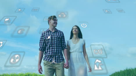 Animation-of-network-of-eco-icons-over-caucasian-couple-in-vineyard