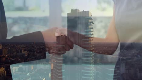 animation of businessman handshake over cityscape