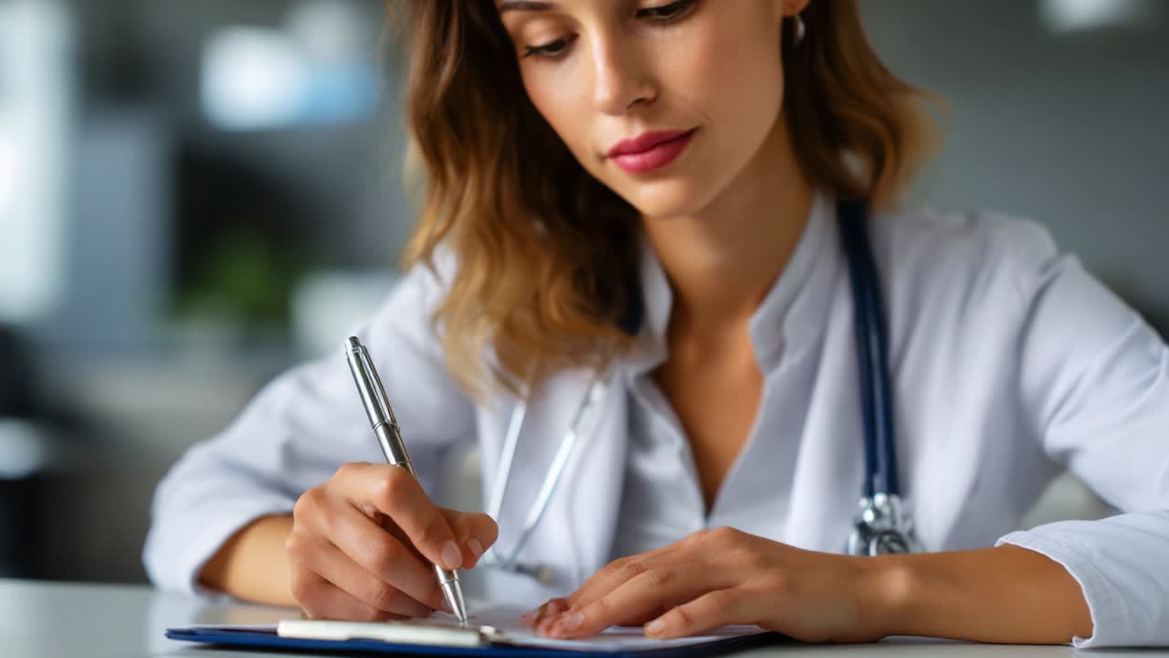 Eine medizinische Fachkraft, die sich Notizen macht: Wichtige Informationen auf einem Klemmbrett festhalten, während sie in Berufskleidung mit einem Stethoskop um den Hals gekleidet ist, was das Engagement für die Gesundheitsversorgung und die Patientenbetreuung widerspiegelt