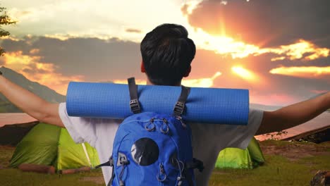 happy camper at sunset
