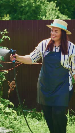 a woman in a sun hat and apron joyfully waters her garden, emphasizing the beauty of nature and the art of gardening during a bright sunny day