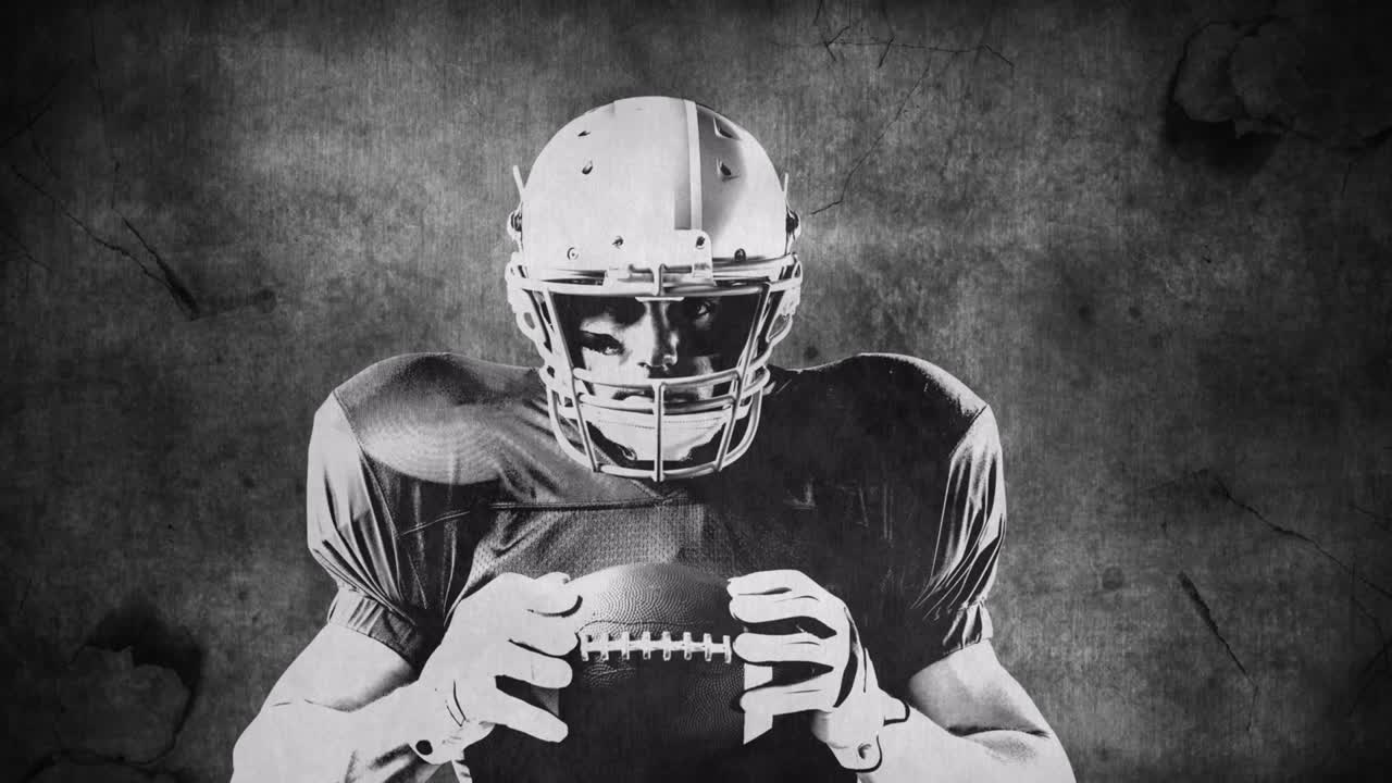 Animazione di sfondo grigio in movimento con un giocatore di football americano maschio con il pallone