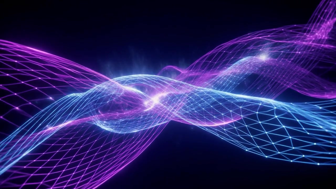 Abstract Digital Waves of Purple and Blue Glowing Mesh